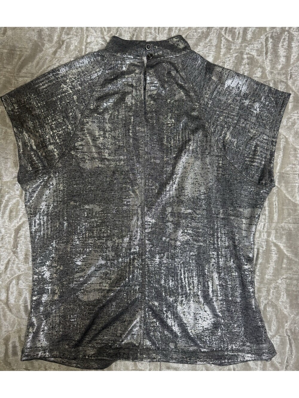 ee:some Women’s L Silver/Black Metallic Abstract Mock Neck Cap Sleeve Knit Top - Picture 5 of 5